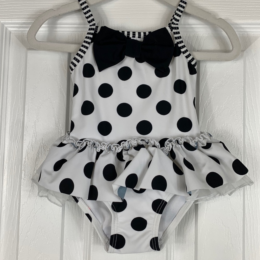 Little Me white 1 pc. Bathing suit with black polka dots 6-9M.